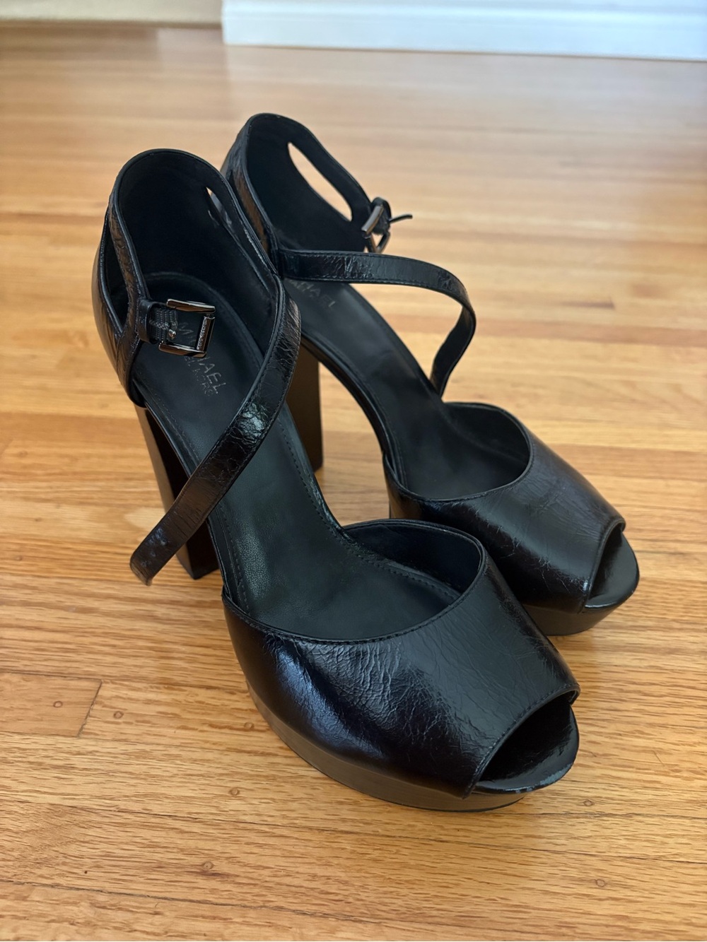 Michael Kors Black Leather Peep-Toe Platform Heels with Ankle Strap